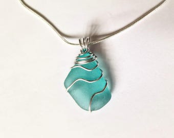 Sea Glass Pendant Necklace: Silver Wire Wrapped jewellery with English beach glass