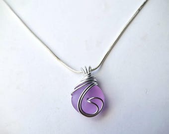 Handmade Purple Sea Glass Pendant Necklace, Silver Wire Wrapped Jewelry
