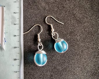 Handmade Silver Wire Wrapped Sea Glass Earrings: Aqua Blue Jewelry