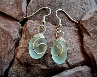 Sea Glass Earrings & Pendant Necklace, Sea foam coloured Wire Wrapped Silver Jewellery Set