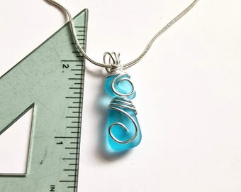 Blue Sea Glass Pendant Necklace, Silver Wire Wrapped Jewellery