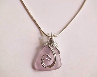 Handmade Sea Glass Necklace: Silver Wire Wrapped English beach glass Pendant
