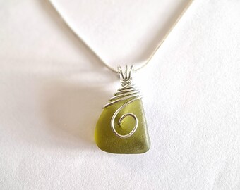 Rare Olive Green Sea Glass Necklace: Silver Wire Wrapped Pendant jewellery