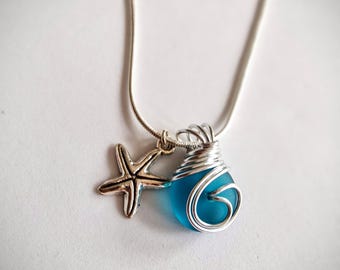 Blue Sea Glass Necklace, Silver Wire Wrapped Pendant, Beach fashion Jewelry