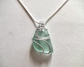 Sea Glass Pendant Necklace: Silver Wire Wrapped jewellery with English beach glass