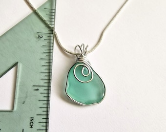 Blue Sea Glass Pendant Necklace, Handmade Silver Wire Wrapped jewellery