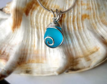 Blue Sea Glass Pendant Necklace: Silver Wire Wrapped handmade jewellery