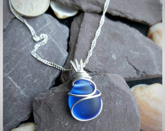 Blue Sea Glass Necklace: Sterling Silver Wire Wrapped Pendant jewellery