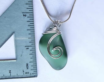 Handmade Sea Glass Necklace: Silver Wire Wrapped English beach glass Pendant