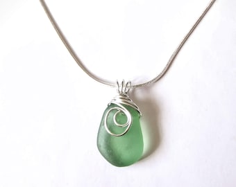 Sea Glass Pendant Necklace: Silver Wire Wrapped jewellery with English beach glass