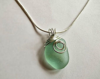 Sterling Silver Sea Glass Pendant Necklace: Wire Wrapped Cornish beach glass Jewellery