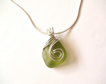 Rare Green Sea Glass Necklace: Silver Wire Wrapped Pendant jewellery