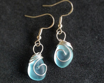 Aqua blue Sea Glass Earrings and pendant necklace: Handmade Wire Wrapped Jewelry set