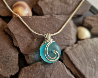 Blue Sea Glass Pendant necklace with Sterling Silver chain: Handmade Wire Wrapped jewellery