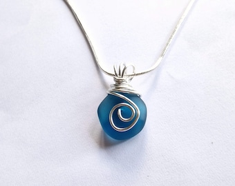 Blue Sea Glass Pendant Necklace: Silver Wire Wrapped Handmade Jewellery