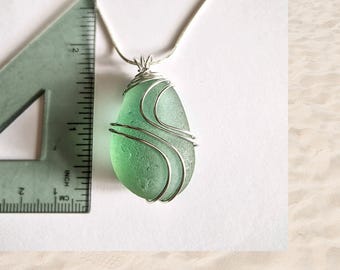 Sea Glass Pendant Necklace: Wire Wrapped handmade jewellery, Sterling Silver Chain