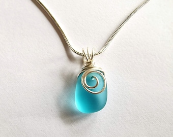 Blue Sea Glass Pendant Necklace: Silver Wire Wrapped Jewelry, handmade beach glass jewellery