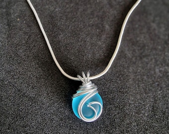 Blue Sea Glass Pendant Necklace, Silver Wire Wrapped Jewelry