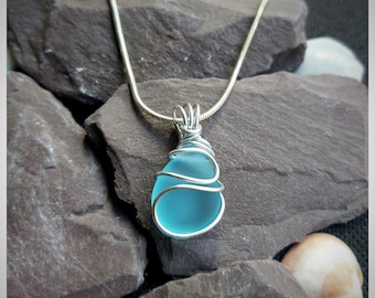 Blue Sea Glass Pendant Necklace: Silver Wire Wrapped personalised jewellery