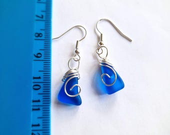 Handmade Silver Wire Wrapped Sea Glass Earrings, Blue beach glass Jewelry