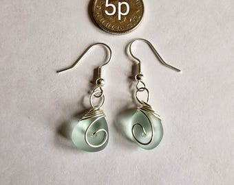Handmade Sea foam Sea Glass Dangle Earrings: Silver Wire wrapped jewellery