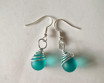 Blue Sea Glass Earrings and personalised pendant necklace: Handmade Wire Wrapped Jewelry set