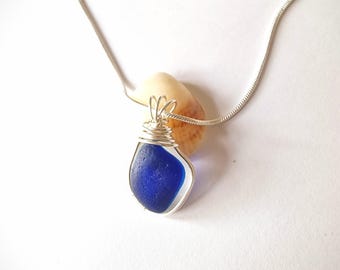 Rare Blue Sea Glass Pendant Necklace, Wire Wrapped Jewellery with Sterling silver chain