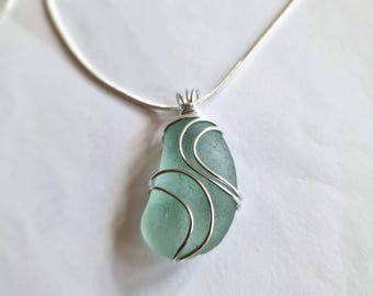 Handmade Sea Glass Necklace, Silver Swirl Pendant, Recycled Ocean Jewelry