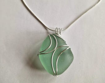 Sea Glass Pendant Necklace: Silver Wire Wrapped jewellery with English beach glass