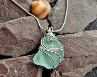 Sea Glass Necklace: Silver Wire Wrapped handmade Pendant with Sterling Silver Chain