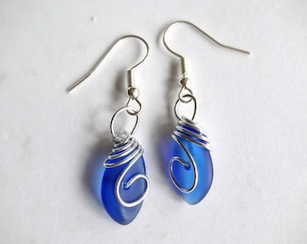 Handmade Silver jewellery, Wire Wrapped Sea Glass Earrings, pendant necklace