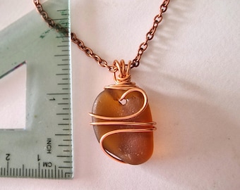 Red Sea Glass Necklace: Copper Wire Wrapped handmade Pendant with Chain, English beach glass