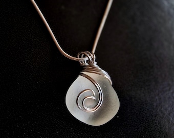 Sea Glass Necklace: Wire Wrapped handmade beach glass Pendant with Sterling Silver Chain
