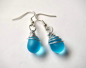 Handmade Blue Sea Glass dangle & drop Earrings, Silver Wire Wrapped Jewelry