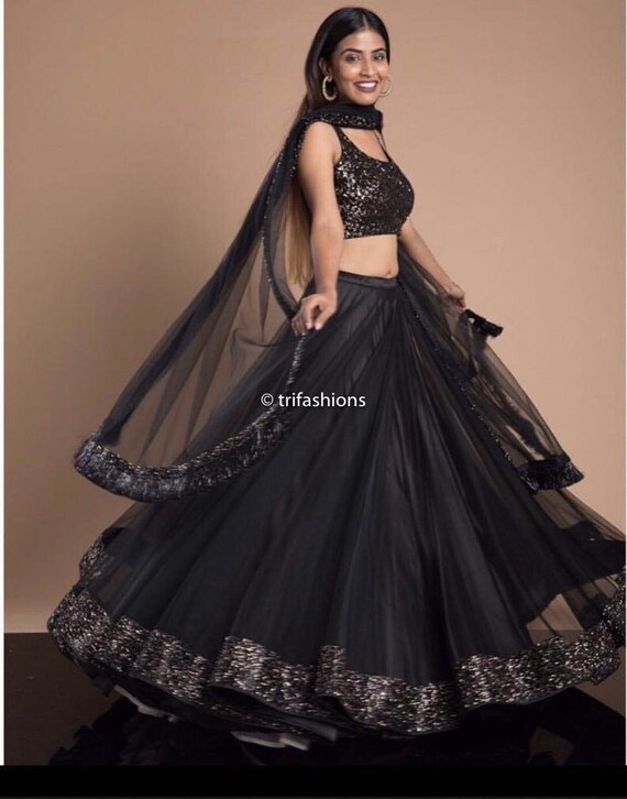 Black Net Lehenga Choli Dupatta for 