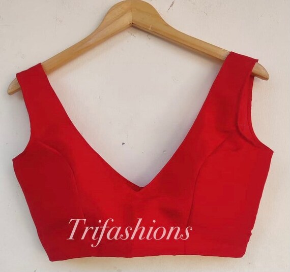 Blusa de seda con en V roja de mangas cortadas Etsy España