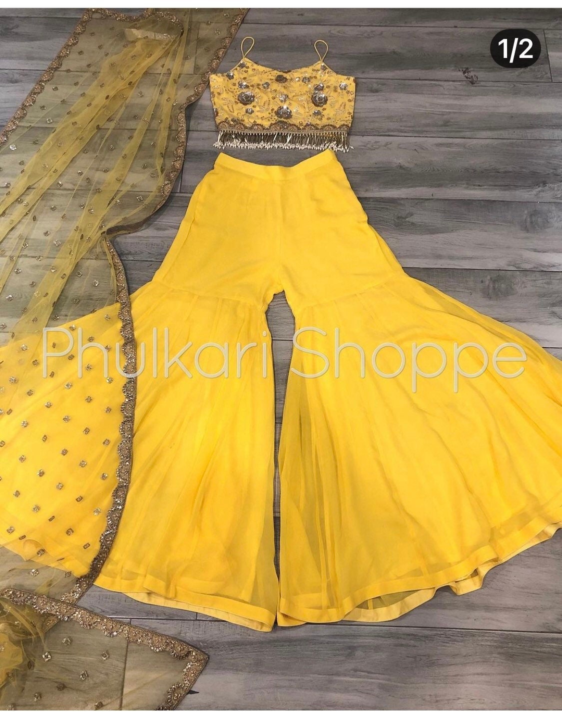 Yellow Crop Top With Sharara Pants for 