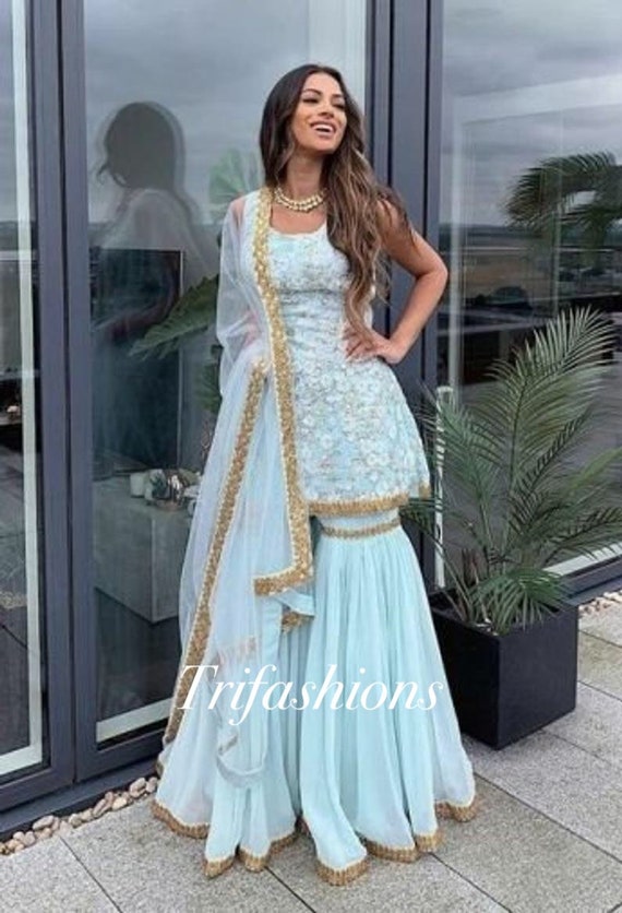 Pastel Blue Designer Sharara Suit for Women and Girls With - Etsy Singapore