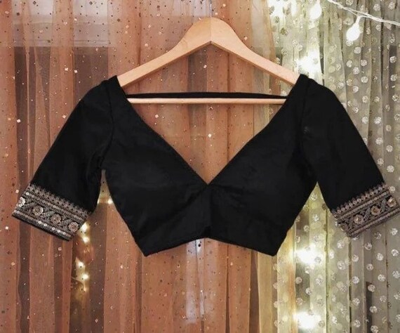 Buy Black Silk Blouse V Neck Blouse Zari Border Blouse Saree Online in  India - Etsy