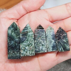 以下が含まれることがあります： 手の上に並んだ、緑と黒の апофиллит 結晶のポイント 5 つ。妖精の十字架としても知られています。結晶はすべてサイズと形が異なりますが、緑と黒のカラーリングは似ています。