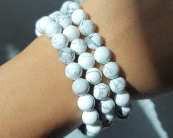 Pulsera de howlita de 8 mm, pulsera de howlita blanca, pulsera de cristal, regalo para hombres y mujeres, pulsera de howlita de 8 mm