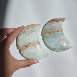 Caribbean Calcite Moon • 4&quot; Blue Aragonite Crystal moon • Large Crescent Moon crystal carving - Crystal gift home decoration