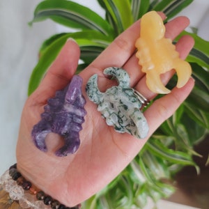 Scorpion carving • 2.25&quot; Crystal Scorpion figurine - Moss Agate • Lepidolite • Orange Calcite • Gemstone Scorpion statue •