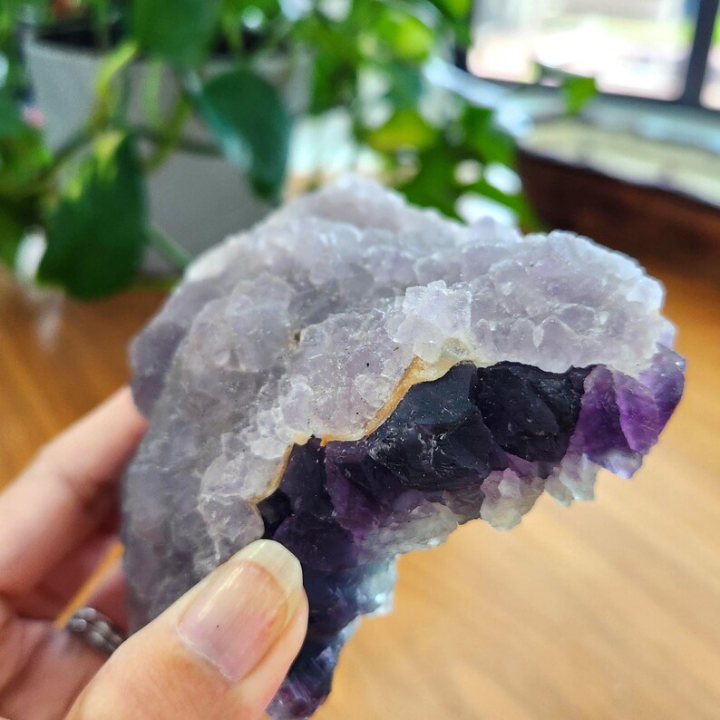 Rainbow Fluorite specimen on white fluorite cubic matrix. This unique rough mineral has beautiful layers of white, purple and green fluorite. Perfect gift to all crystal collecting family and friends.