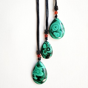 Malachite Pendant on waxed cord  • Natural High Quality Malachite Crystal Necklace • Malachite Crystal Gemstone Jewelry Gift