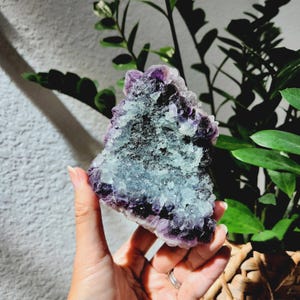 Rainbow Fluorite specimen on white fluorite cubic matrix. This unique rough mineral has beautiful layers of white, purple and green fluorite. Perfect gift to all crystal collecting family and friends.