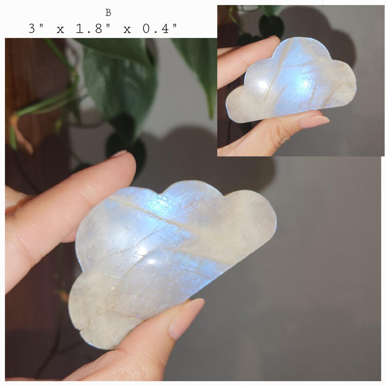 Super flashy Moonstone cloud shape carving in various sizes. Each piece is beautiful on its own. A fun gift to all family and friends. Strong blue and silver flashes in each piece.