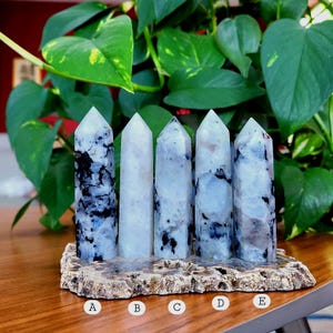 May include: Five polished moonstone crystal towers labeled A through E, standing on a rough stone base. Each tower features a unique pattern of white, gray, and black inclusions, with varying degrees of translucency and blue flash across the surfaces.