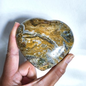 Ocean Jasper Heart • 3.5&quot; Brown Yellow Ocean Jasper Heart - Crystal Heart carving - Crystal gift ornament display
