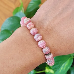 Rhodochrosite Bracelet, 9mm Rhodochrosite bead crystal bracelet, Crystal jewelry bracelet gift, crystal accessory for her